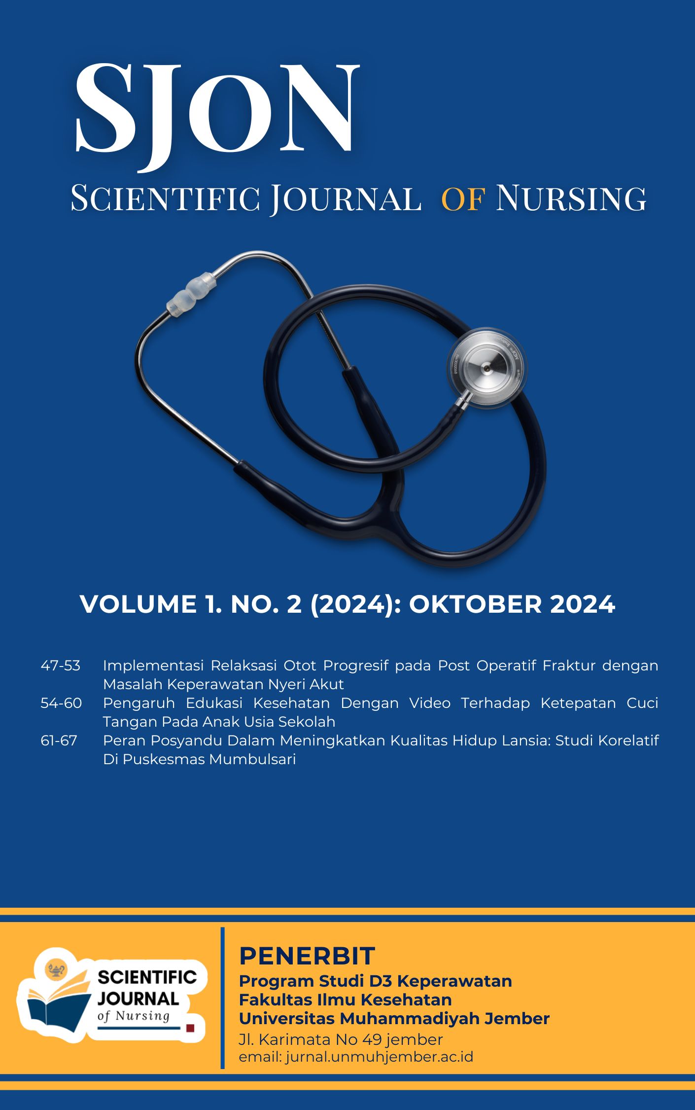 Scientific Journal of Nursing is a scientific publication managed by the Diploma of Nursing Program, Faculty of Health Sciences, Universitas Muhammadiyah Jember. It is published two times a year, in March and October, and features original research articles in the field of nursing, covering both clinical and community settings.  The journal accepts manuscripts written in both Indonesian and English. It particularly welcomes research that aims to evaluate and understand complex nursing care interventions, especially those employing rigorous and appropriate designs and methodologies aligned with the research questions. The journal is committed to advancing evidence-based nursing practice through the dissemination of high-quality scholarly work.